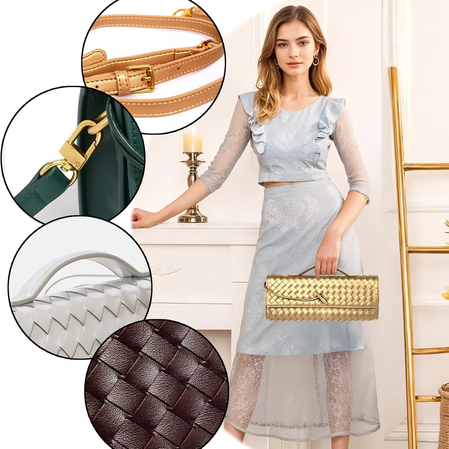 Handwoven solid color soft leather handbag, crossbody bag, women's party bag