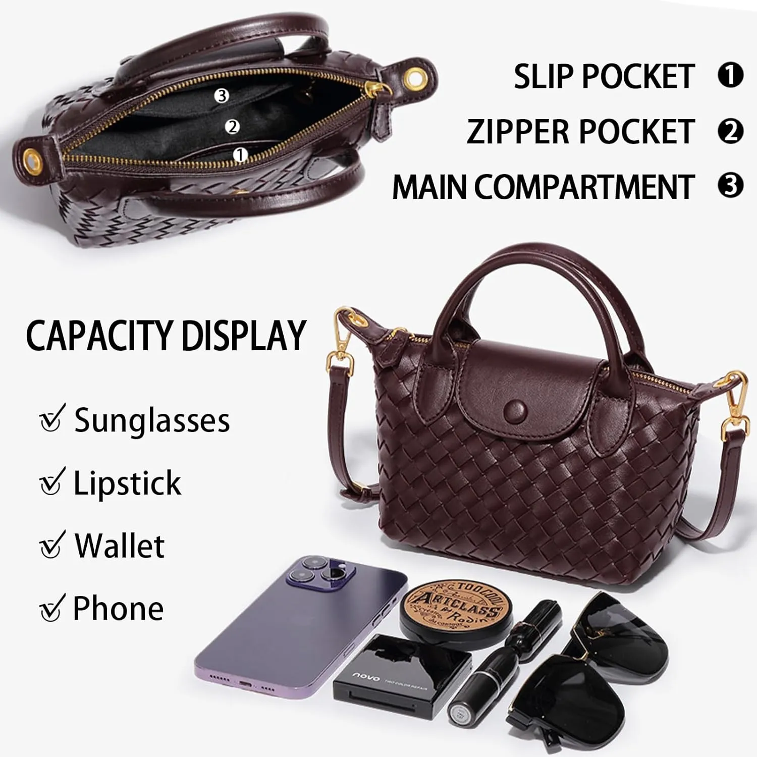 Handwoven solid color soft leather handbag, crossbody bag, women's party bag