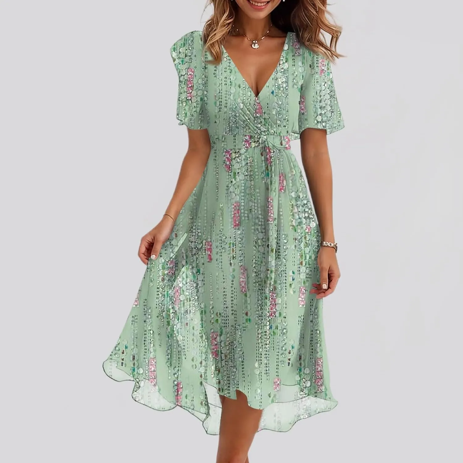HAVUITYY Women's Chiffon Midi Dress 2025 Summer Spring Wedding Guest Party Short Sleeve Casual Flowy V-Neck A-Line Dress