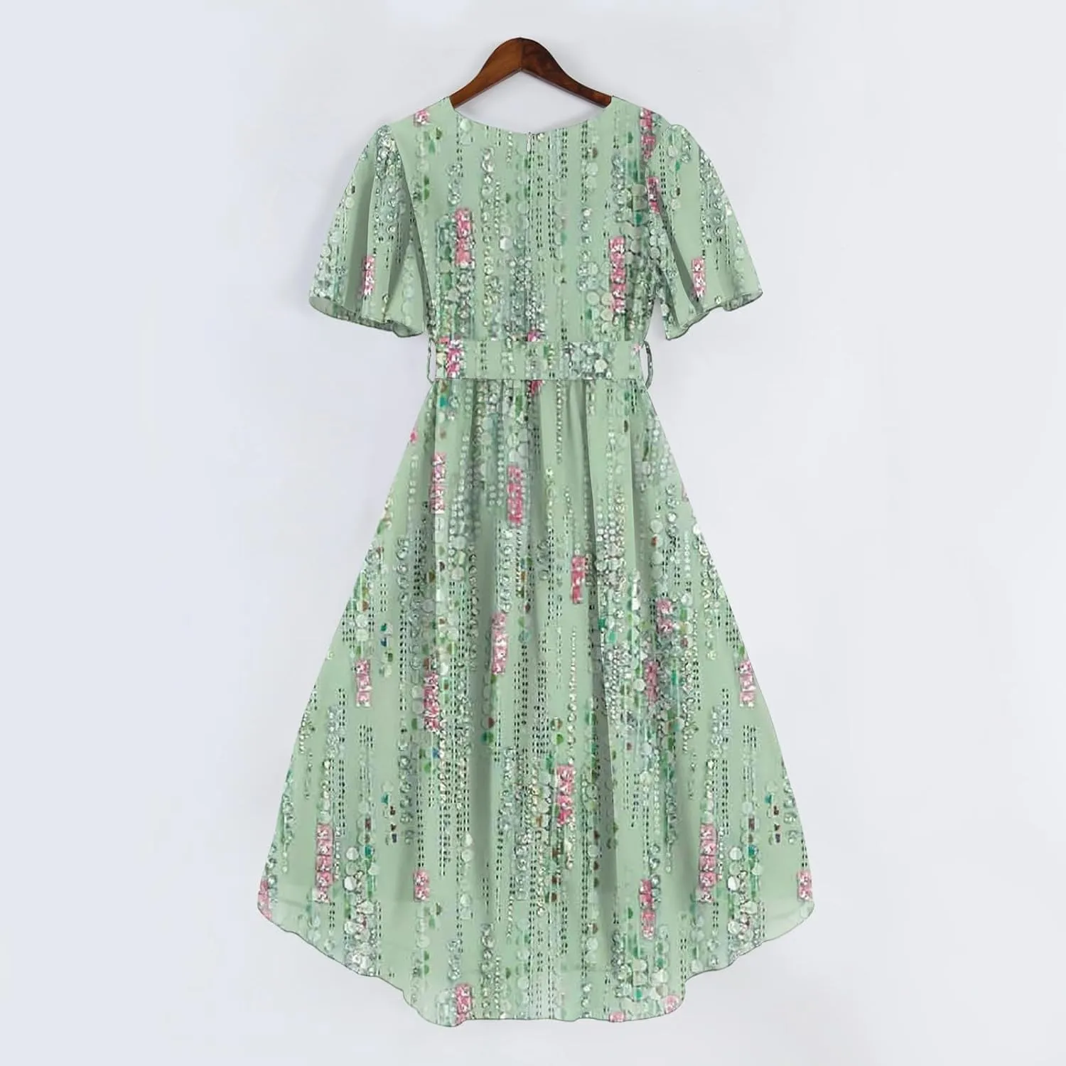 HAVUITYY Women's Chiffon Midi Dress 2025 Summer Spring Wedding Guest Party Short Sleeve Casual Flowy V-Neck A-Line Dress