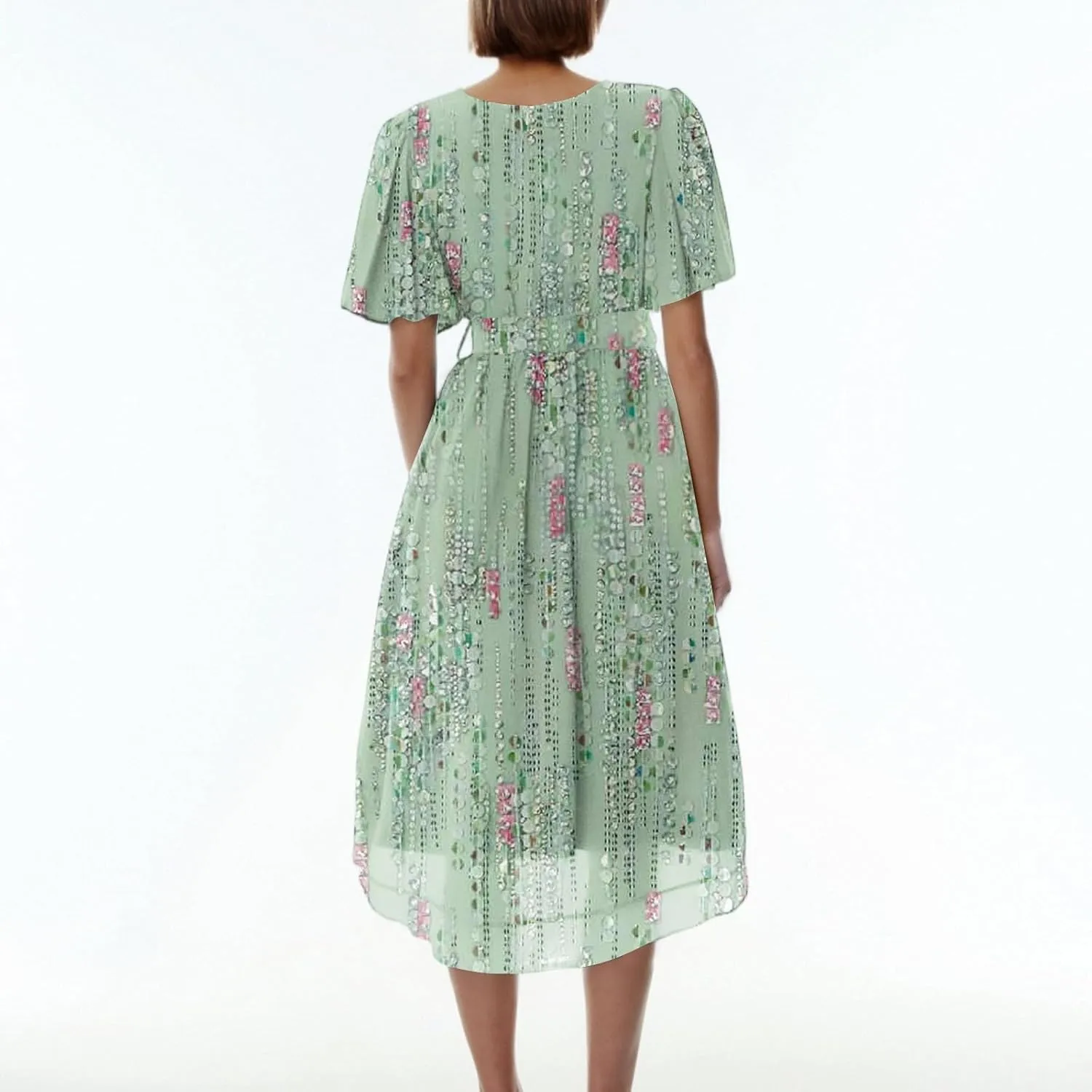 HAVUITYY Women's Chiffon Midi Dress 2025 Summer Spring Wedding Guest Party Short Sleeve Casual Flowy V-Neck A-Line Dress