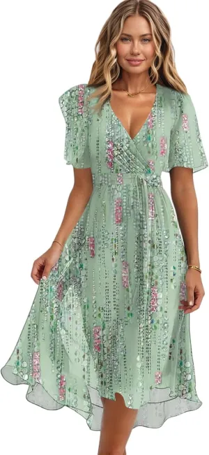 HAVUITYY Women's Chiffon Midi Dress 2025 Summer Spring Wedding Guest Party Short Sleeve Casual Flowy V-Neck A-Line Dress