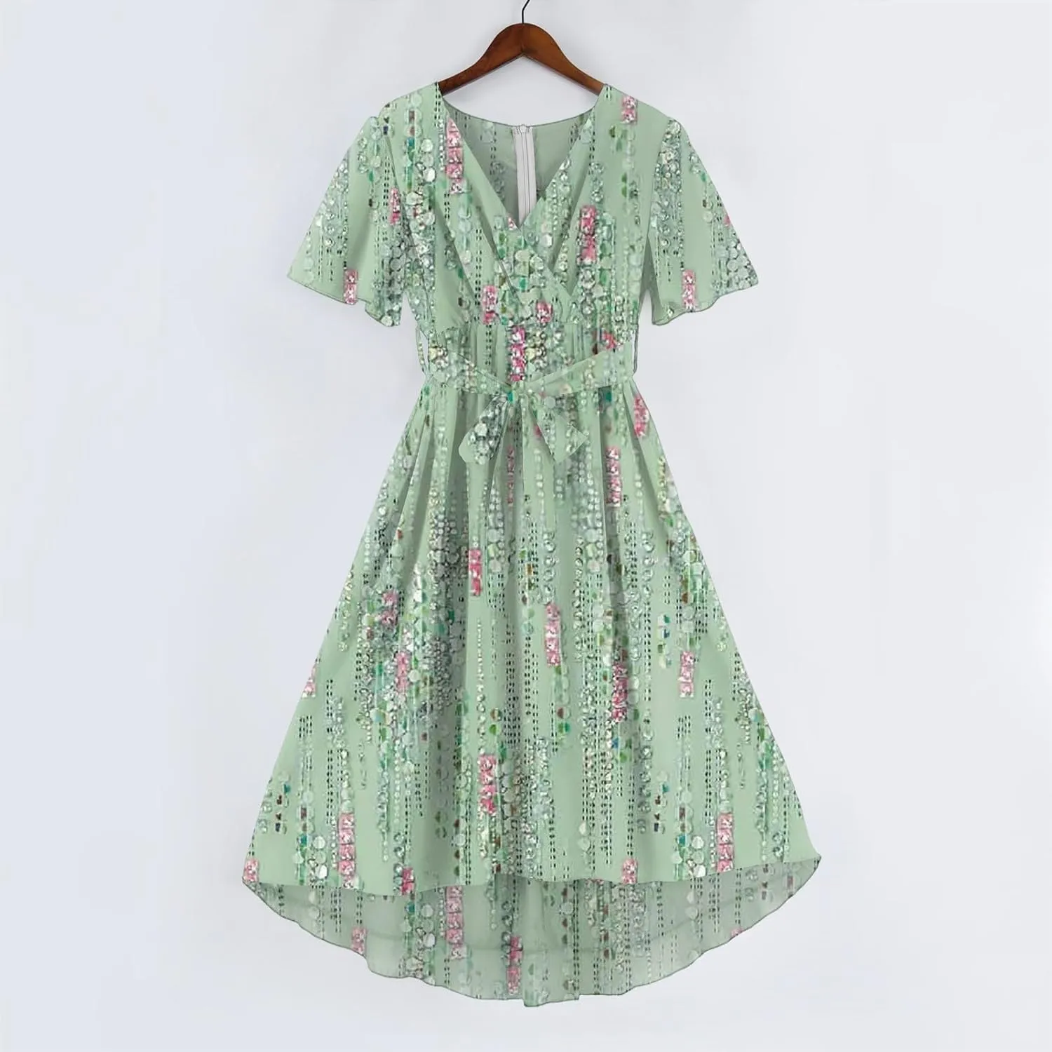HAVUITYY Women's Chiffon Midi Dress 2025 Summer Spring Wedding Guest Party Short Sleeve Casual Flowy V-Neck A-Line Dress