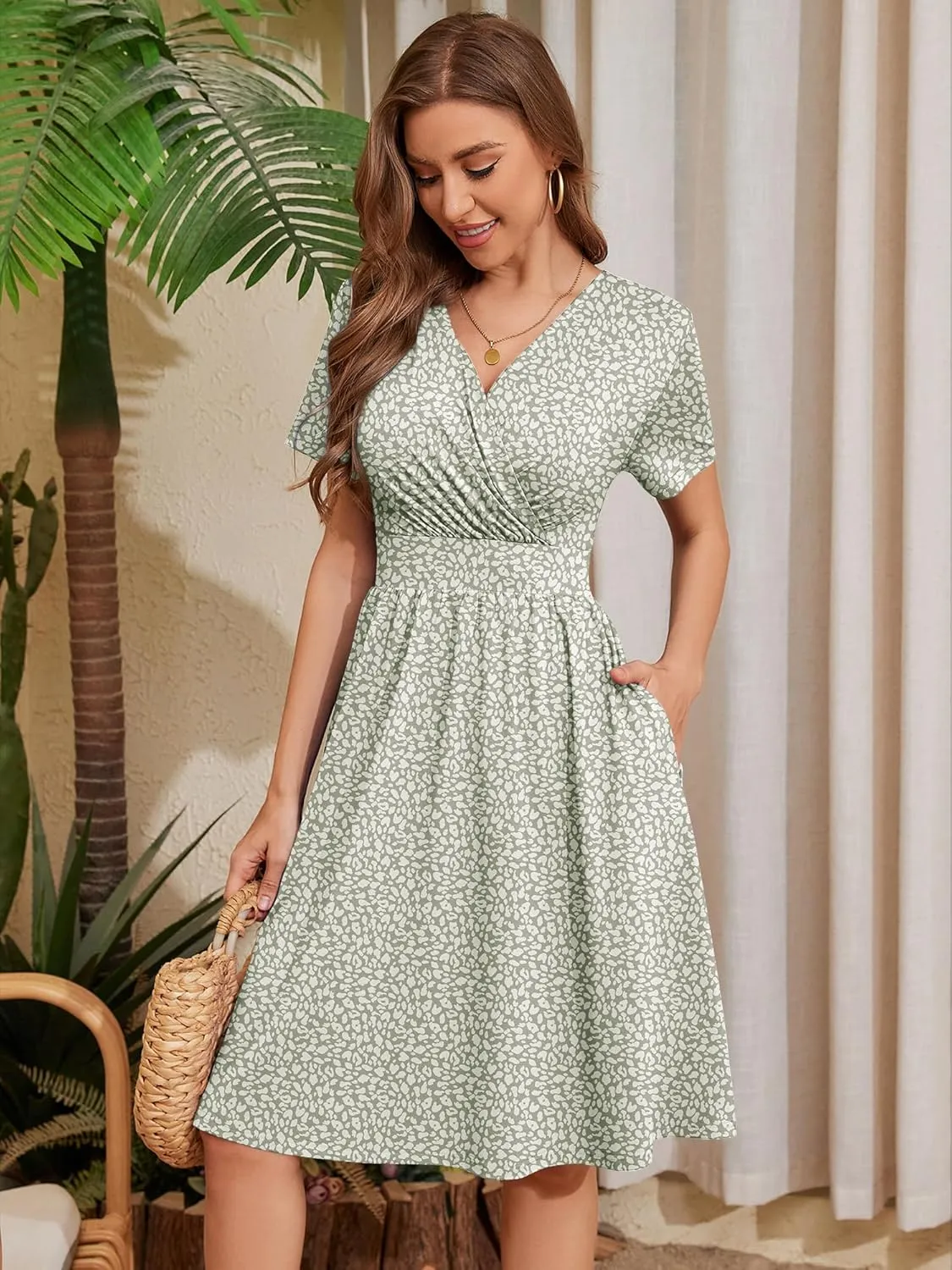 Heymoments Womens Summer Short Sleeve Casual Dresses V-Neck Midi Dress with Pockets S-2XL