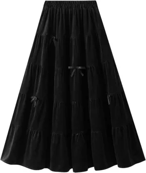 High Waist Skirt for Women Pleated Ruffle Elastic Waist Skirt with Bow Decoration Fall Winter A-Line Skirt