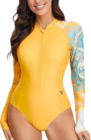 HUGE SPORTS Women's One Piece Swimsuits Long Sleeve Rash Guard Shirts Swim Bathing Suit with Padding