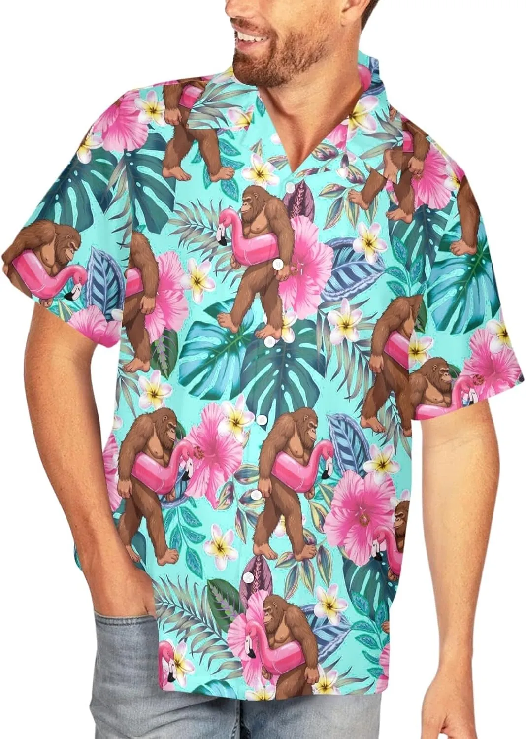HUGLAZY Bigfoot Hawaiian Shirt for Men Bigfoot Christmas Shirts Button Down Short Sleeve Funny Party Outfit