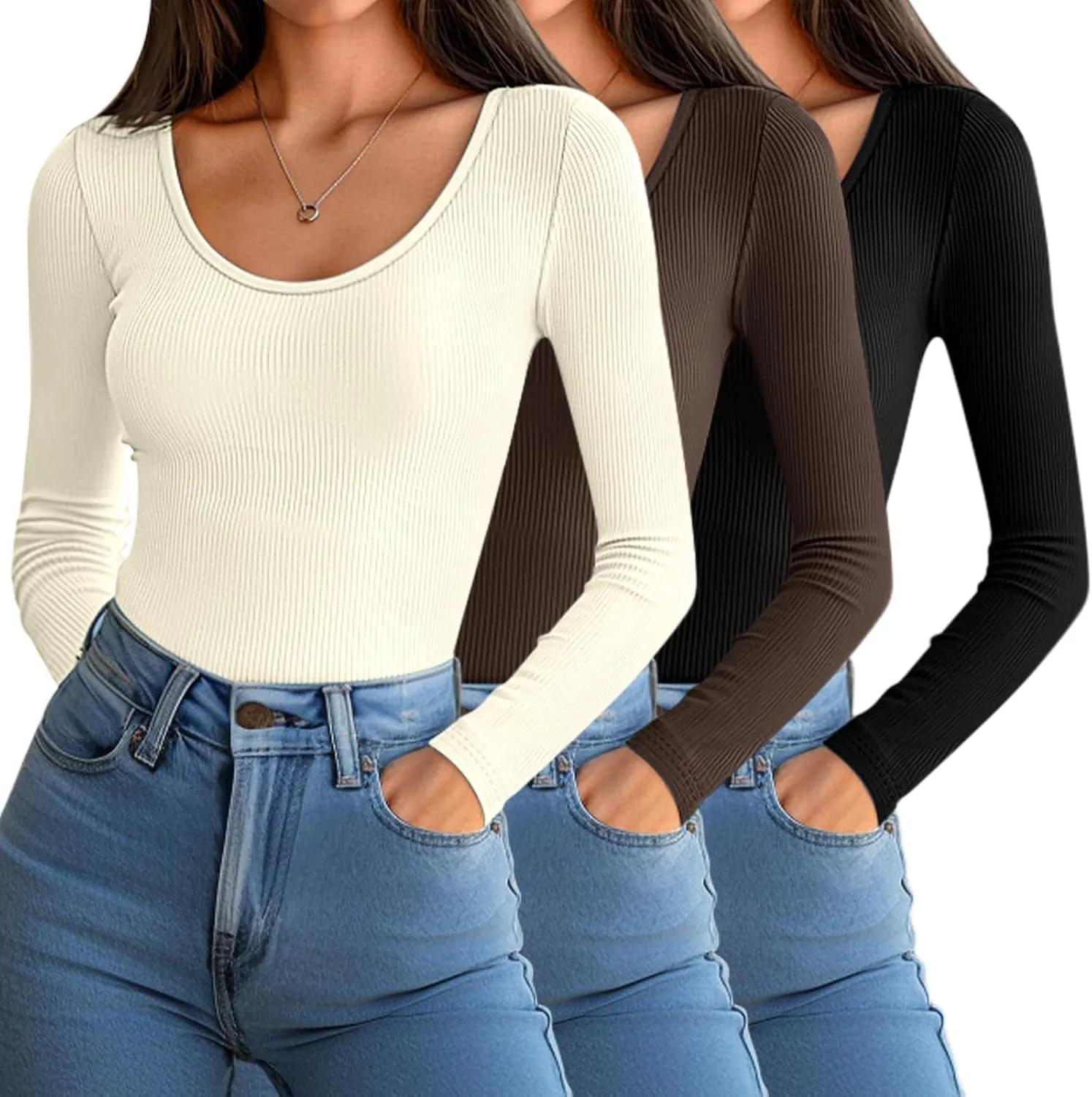 Huukeay 3 Pack Women's Long Sleeve Thermal Shirts, Ribbed Scoop Neck Slim Fit Under Scrub Tops T Shirts Baselayer Tops