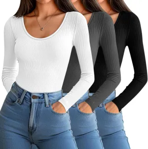 Huukeay 3 Pack Women's Long Sleeve Thermal Shirts, Ribbed Scoop Neck Slim Fit Under Scrub Tops T Shirts Baselayer Tops