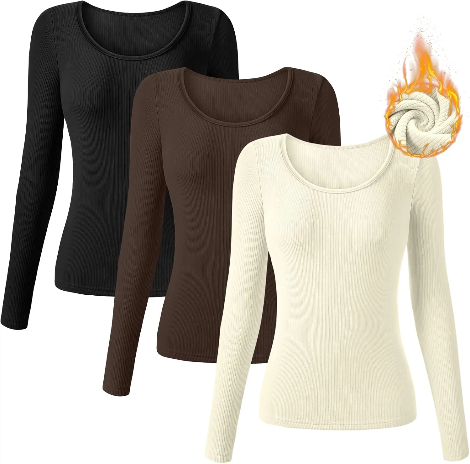Huukeay 3 Pack Women's Long Sleeve Thermal Shirts, Ribbed Scoop Neck Slim Fit Under Scrub Tops T Shirts Baselayer Tops