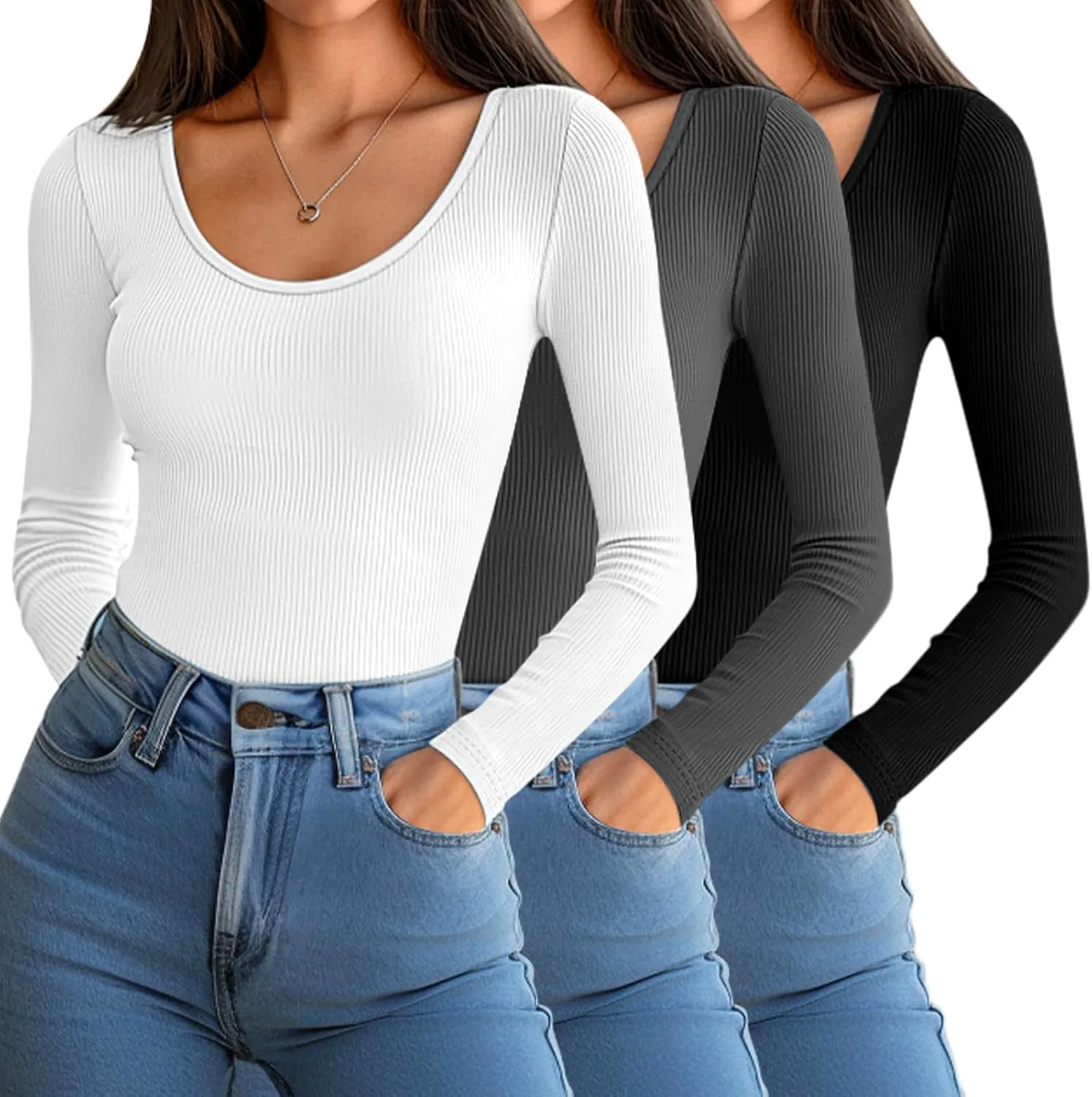 Huukeay 3 Pack Women's Long Sleeve Thermal Shirts, Ribbed Scoop Neck Slim Fit Under Scrub Tops T Shirts Baselayer Tops