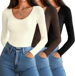 Huukeay 3 Pack Women's Long Sleeve Thermal Shirts, Ribbed Scoop Neck Slim Fit Under Scrub Tops T Shirts Baselayer Tops