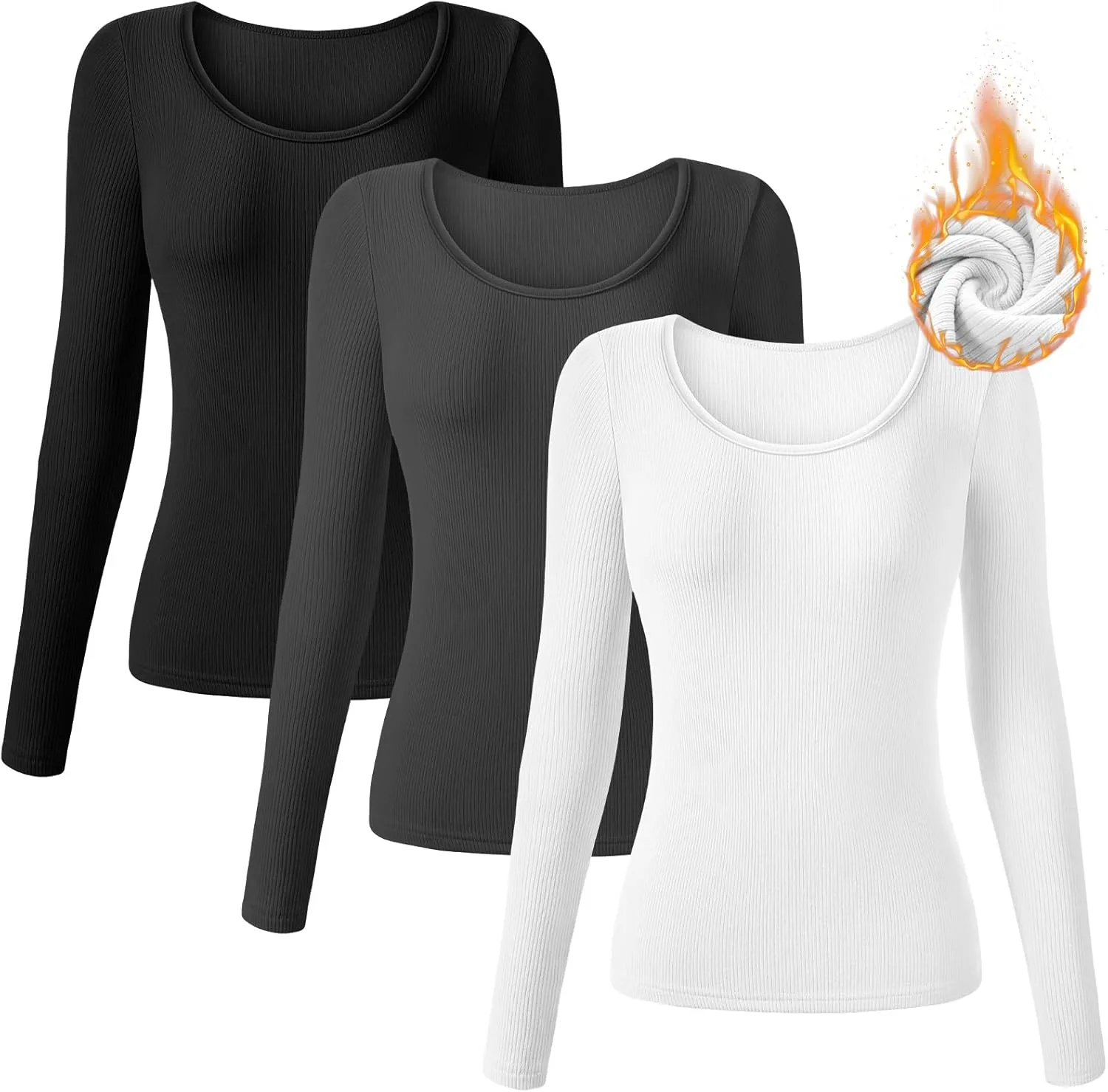 Huukeay 3 Pack Women's Long Sleeve Thermal Shirts, Ribbed Scoop Neck Slim Fit Under Scrub Tops T Shirts Baselayer Tops
