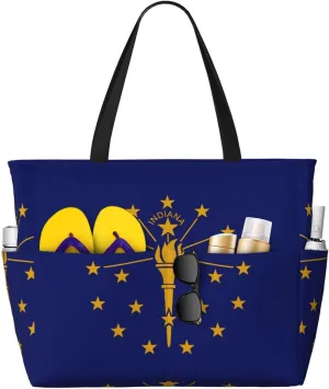 Indiana State Flag Print 28L Beach Tote Bag, Water-resistant Travel Tote, Lightweight Gym & Camping Carryall