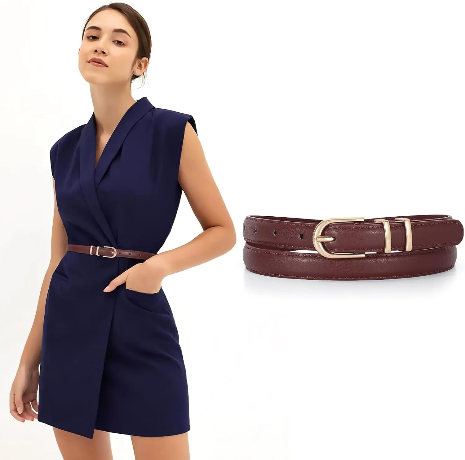 JASGOOD Womens Skinny Leather Belt Ladies Thin Faux Leather Belt with Gold/Silver Buckle for Jeans Dress Pants