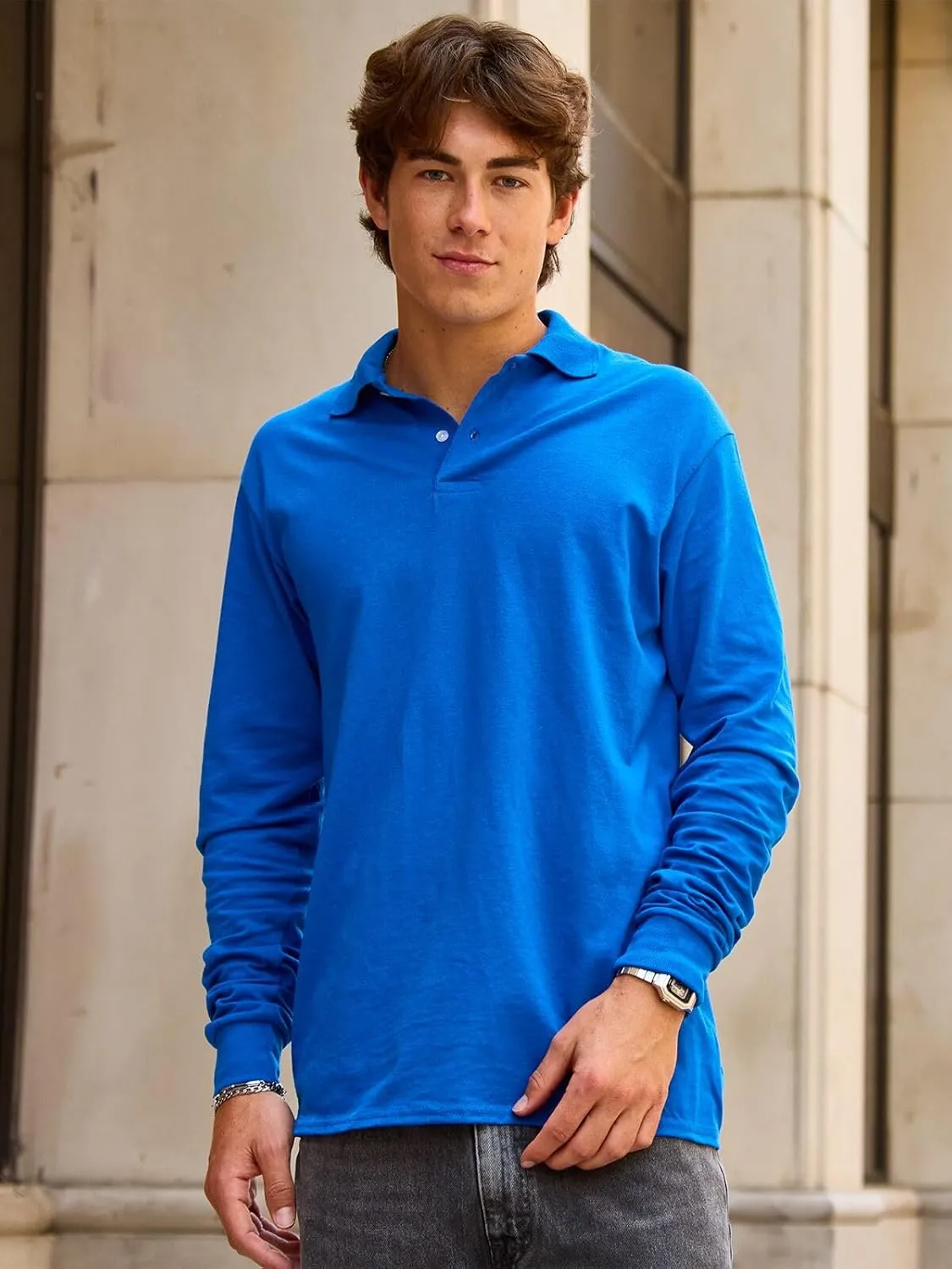 Jerzees Men's Long Sleeve Polo Shirts, Cotton Blend, Two Button Closure, Regular Fit, Sizes S-2x
