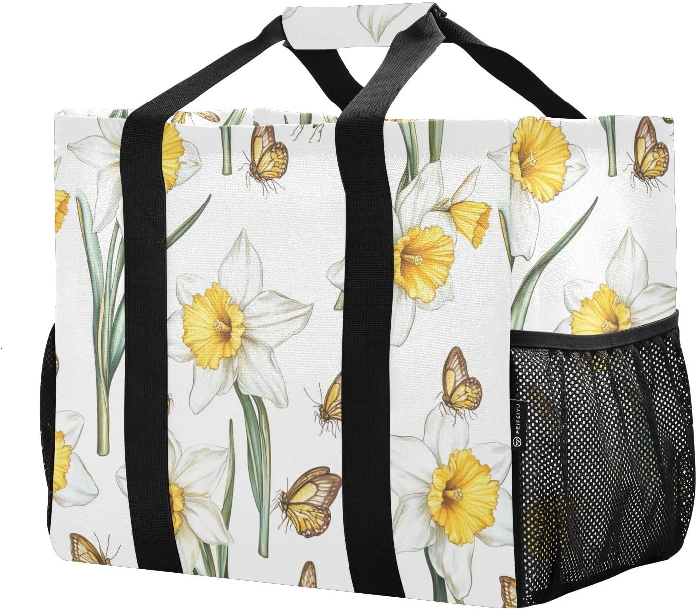 JUNZAN Vintage Daffodil Utility Tote Foldable Beach Tote Water Resistant Shopping Bags Reusable Canvas Cars Tote Bag