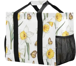 JUNZAN Vintage Daffodil Utility Tote Foldable Beach Tote Water Resistant Shopping Bags Reusable Canvas Cars Tote Bag