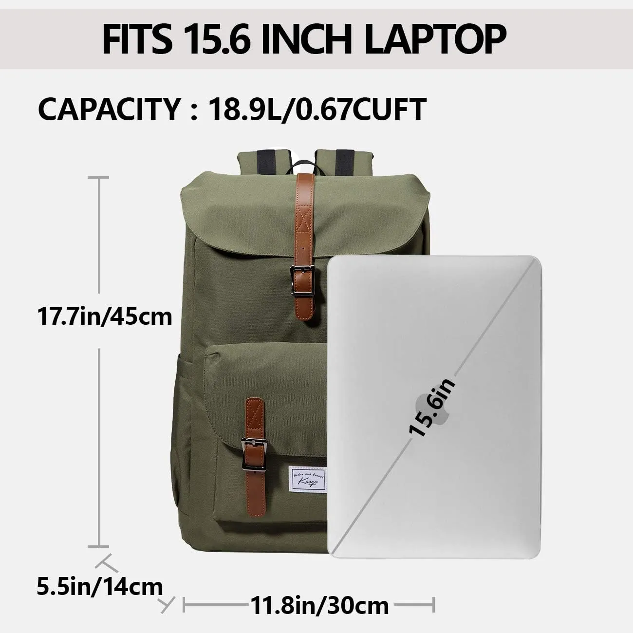 Kasqo Backpack for Men and Women, 15.6 Inch Laptop Backpack Large Capacity Water Resistant Drawstring Flap Bag, Green