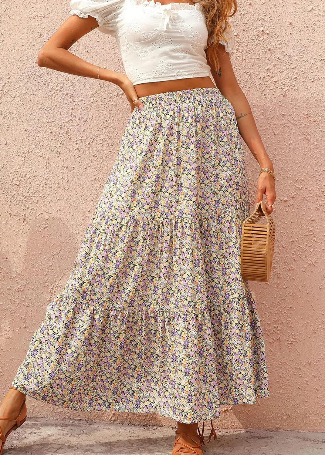 KIRUNDO Women's 2025 Spring Summer High Waist Boho Floral Maxi Skirt Casual Flowy Swing Pleated A Line Beach Long Skirts