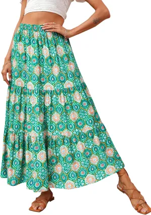 KIRUNDO Women's 2025 Spring Summer High Waist Boho Floral Maxi Skirt Casual Flowy Swing Pleated A Line Beach Long Skirts