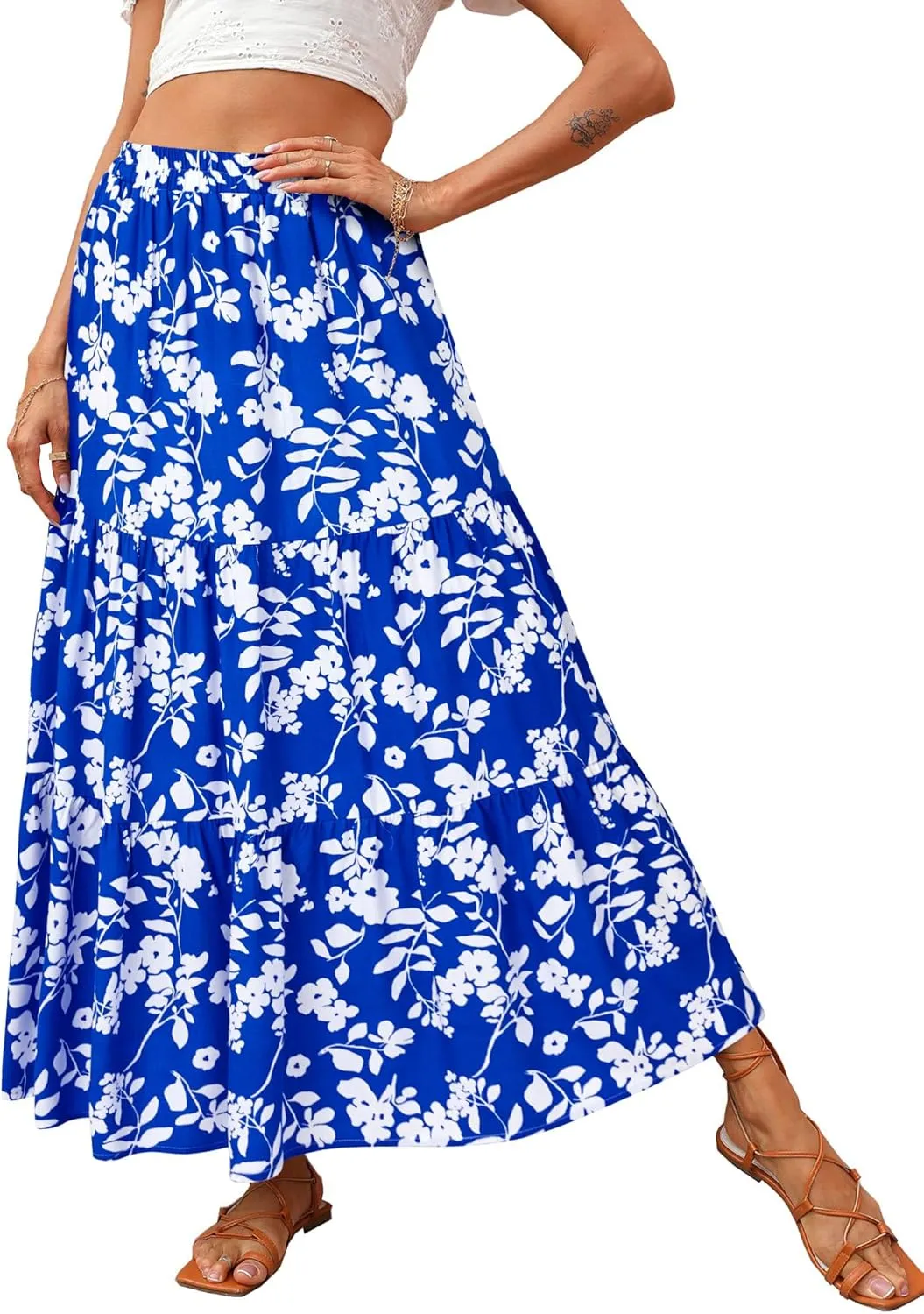 KIRUNDO Women's 2025 Spring Summer High Waist Boho Floral Maxi Skirt Casual Flowy Swing Pleated A Line Beach Long Skirts