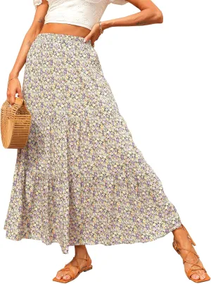 KIRUNDO Women's 2025 Spring Summer High Waist Boho Floral Maxi Skirt Casual Flowy Swing Pleated A Line Beach Long Skirts