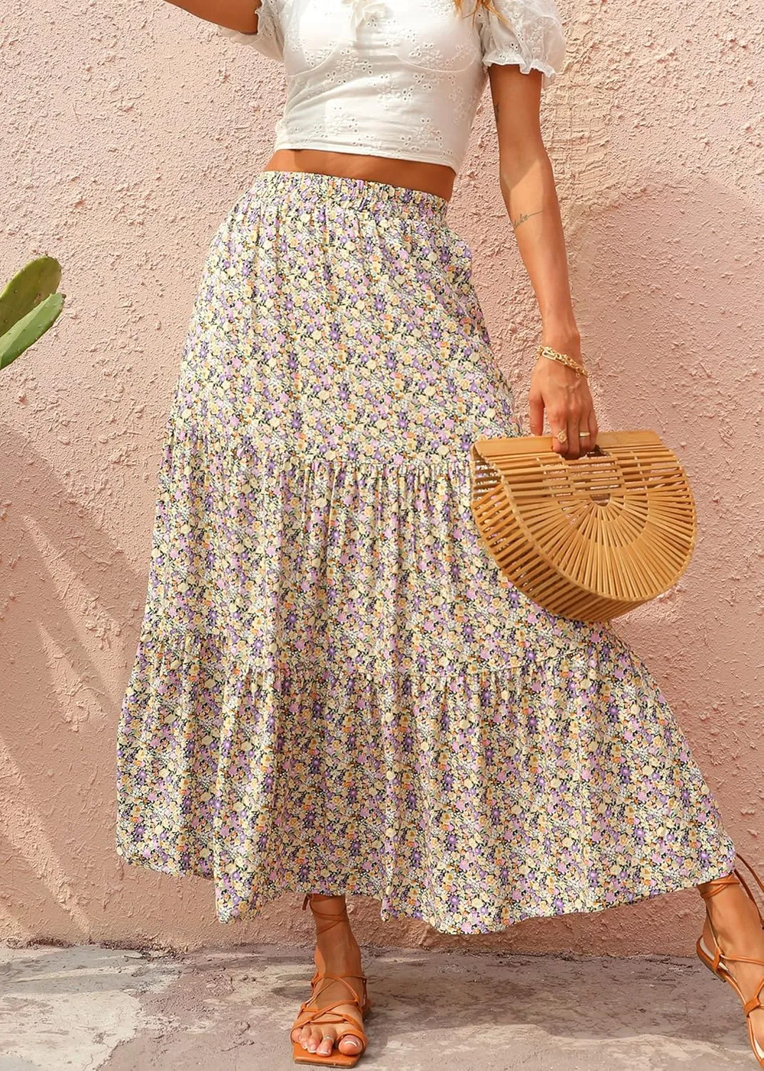 KIRUNDO Women's 2025 Spring Summer High Waist Boho Floral Maxi Skirt Casual Flowy Swing Pleated A Line Beach Long Skirts