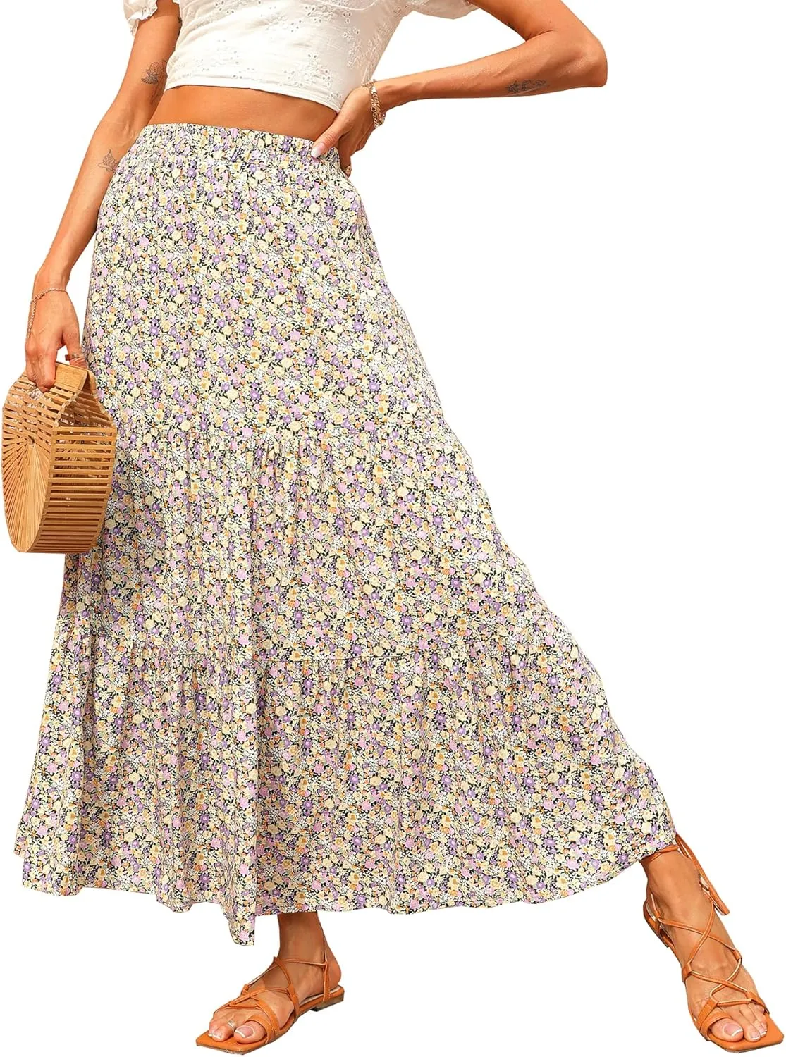 KIRUNDO Women's 2025 Spring Summer High Waist Boho Floral Maxi Skirt Casual Flowy Swing Pleated A Line Beach Long Skirts