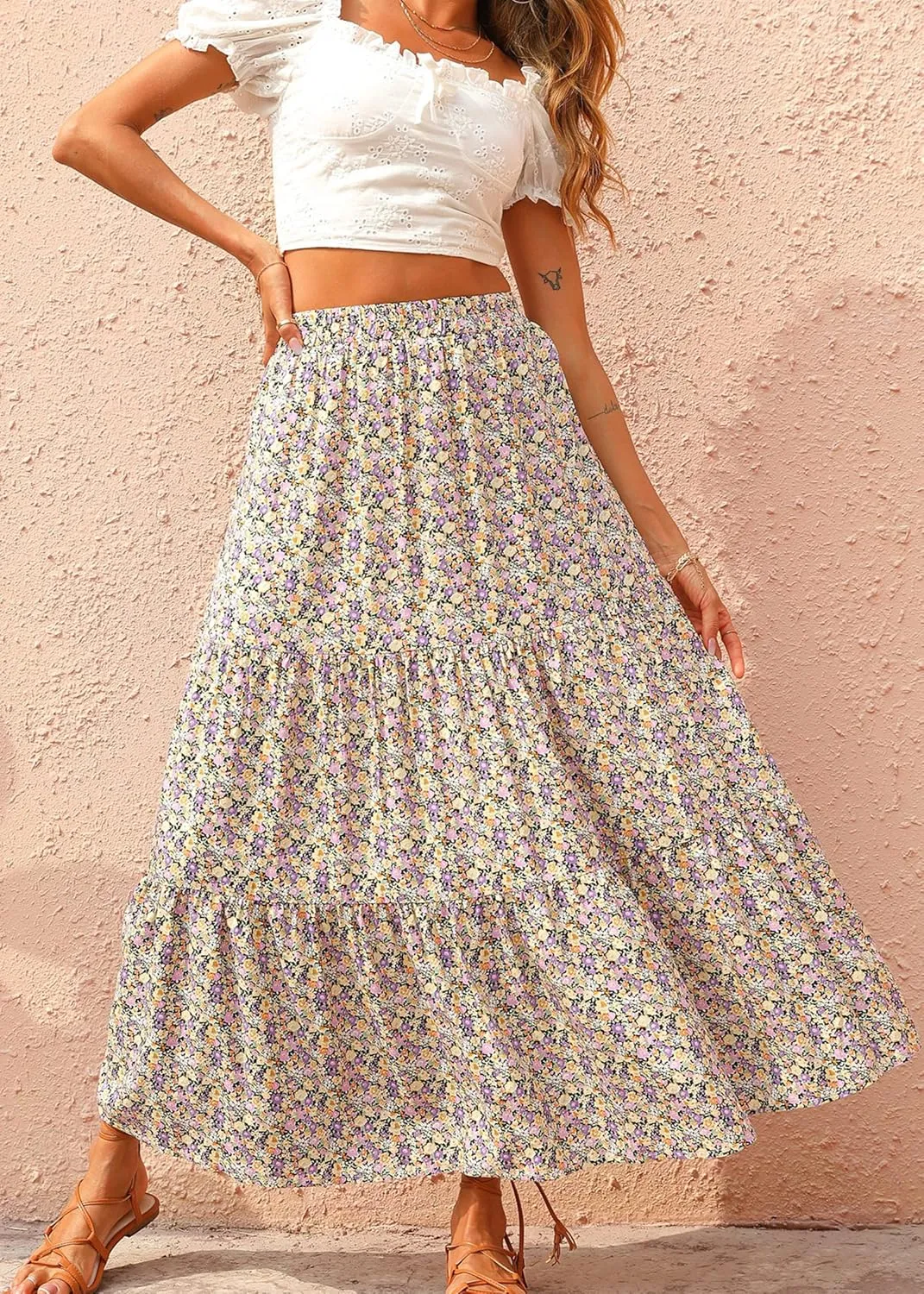 KIRUNDO Women's 2025 Spring Summer High Waist Boho Floral Maxi Skirt Casual Flowy Swing Pleated A Line Beach Long Skirts