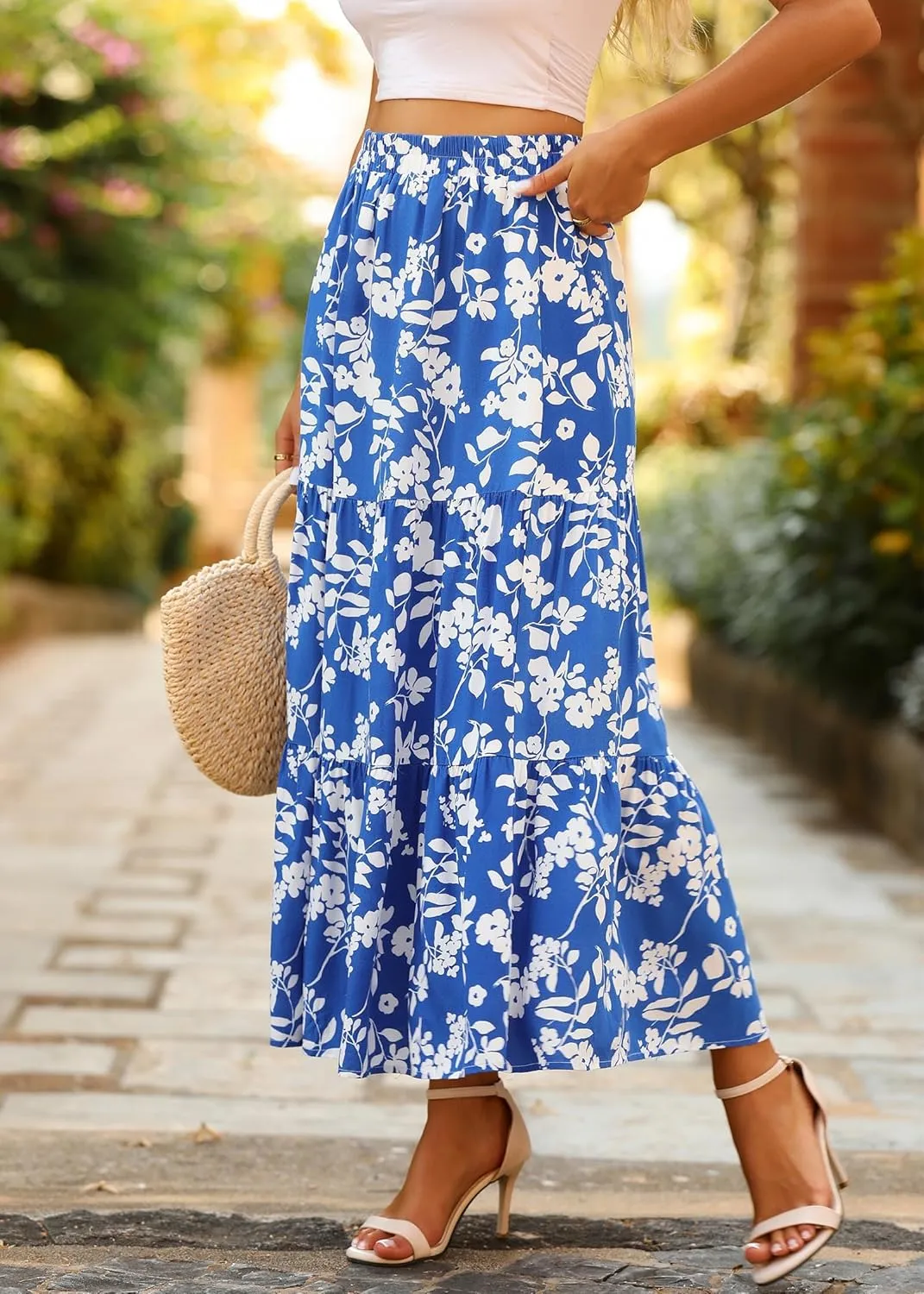KIRUNDO Women's 2025 Spring Summer High Waist Boho Floral Maxi Skirt Casual Flowy Swing Pleated A Line Beach Long Skirts