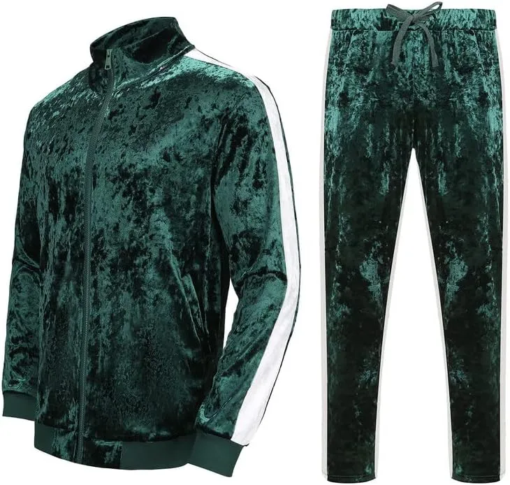 KISSQIQI Velour Tracksuit Mens 2 Piece Velvet Zipper Jacket Drawtsring Waistband Sweatpants Sweatsuits Set Casual Outfits
