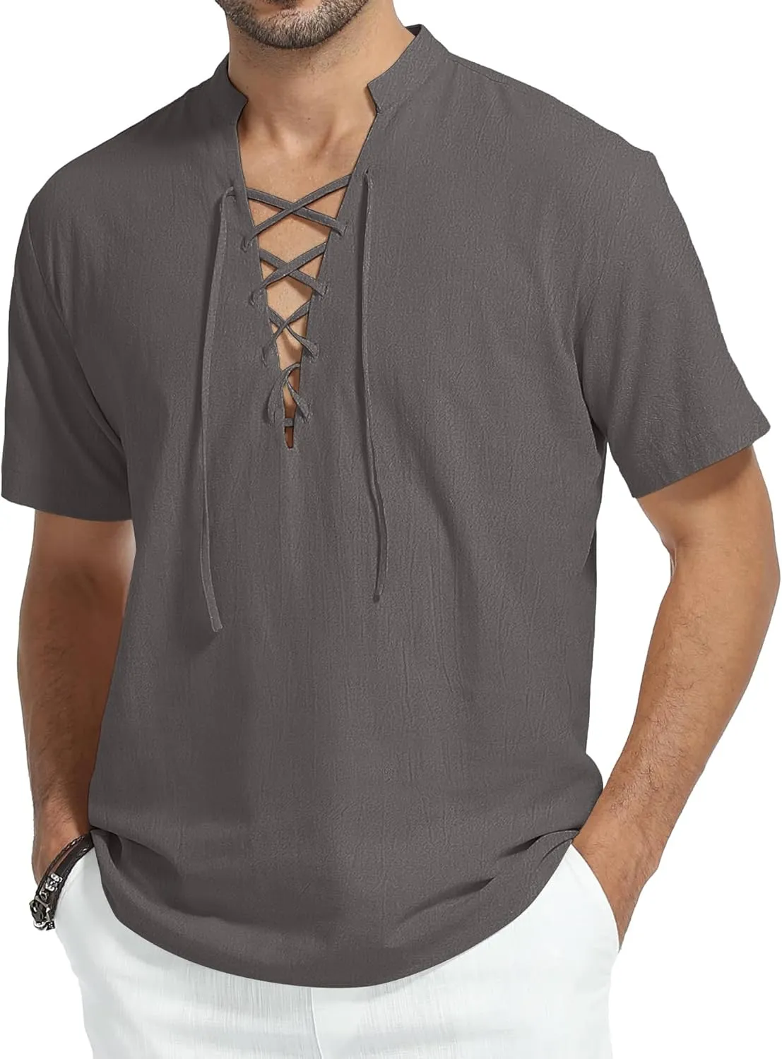 KUYIGO Men's Cotton Linen Shirt Pirate Vintage Short Sleeve Lace Up Renaissance Costume Beach Top