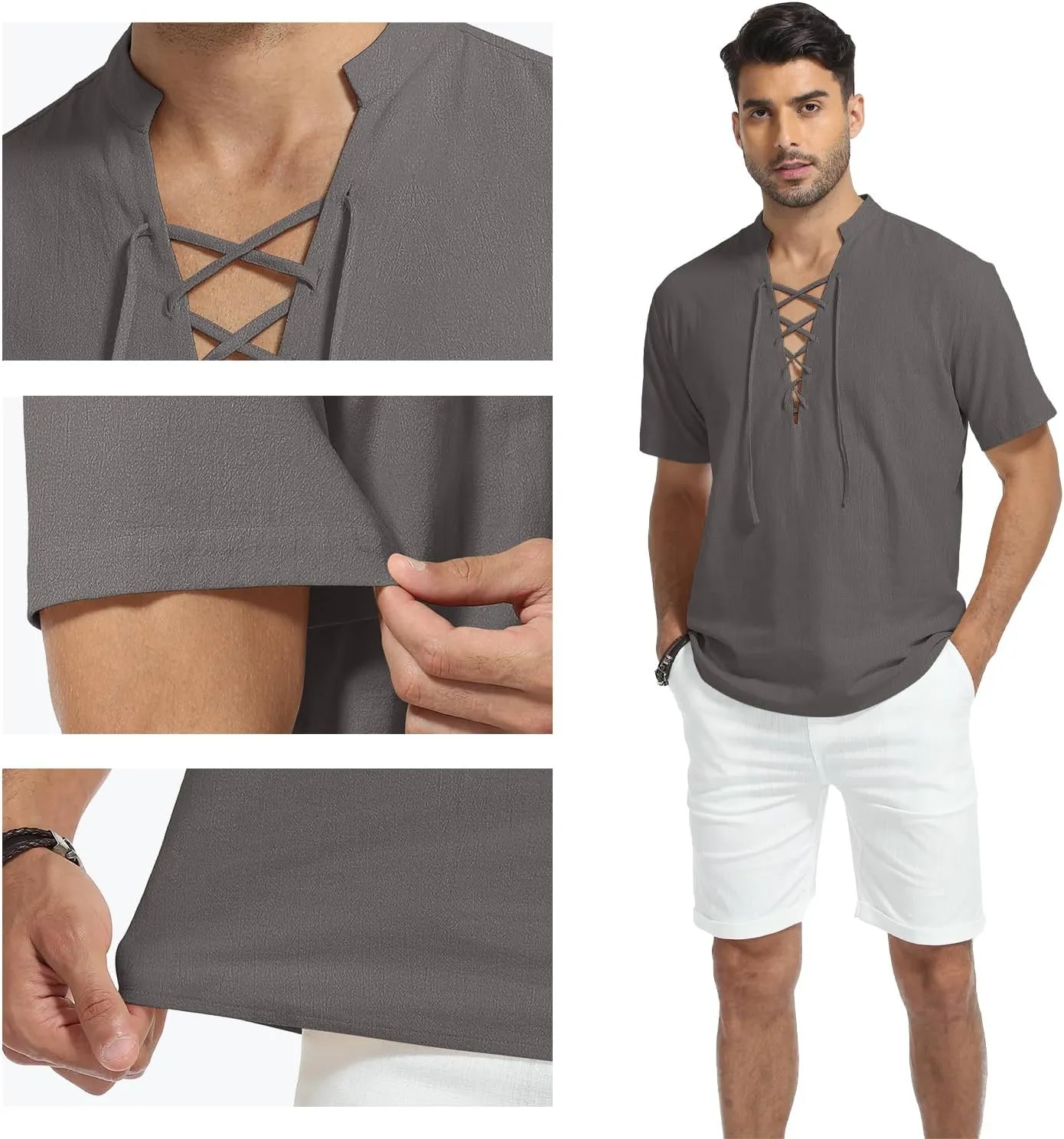 KUYIGO Men's Cotton Linen Shirt Pirate Vintage Short Sleeve Lace Up Renaissance Costume Beach Top