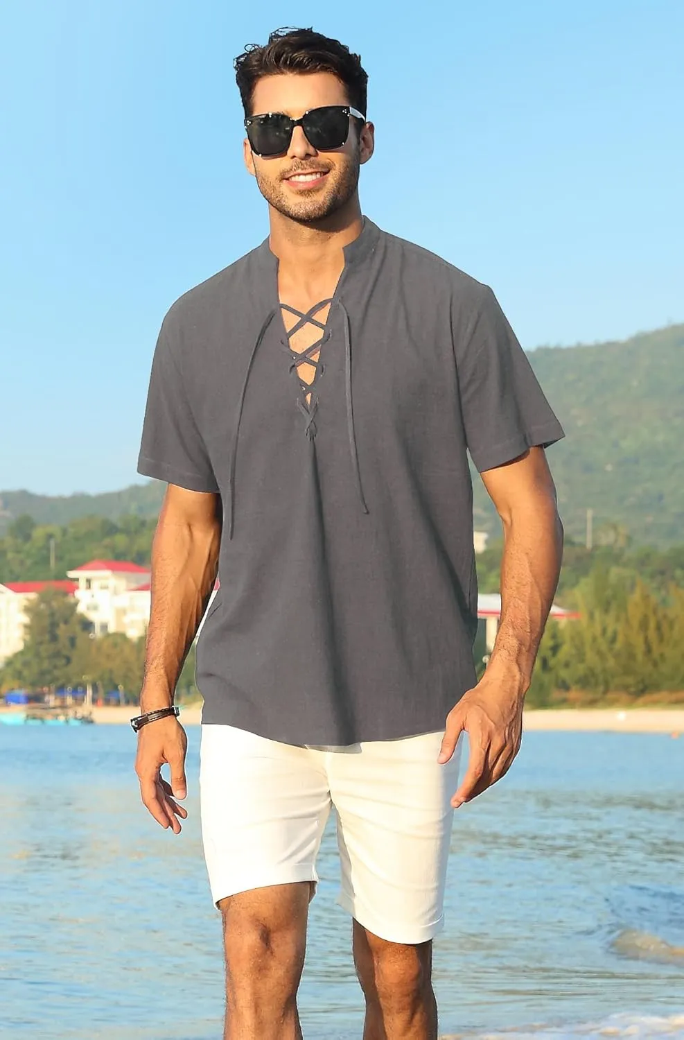 KUYIGO Men's Cotton Linen Shirt Pirate Vintage Short Sleeve Lace Up Renaissance Costume Beach Top