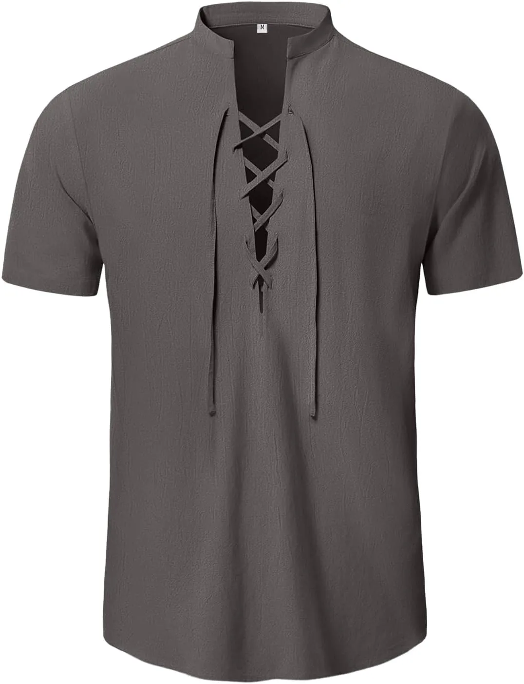KUYIGO Men's Cotton Linen Shirt Pirate Vintage Short Sleeve Lace Up Renaissance Costume Beach Top
