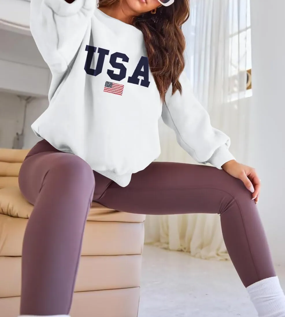 Lacozy Womens USA Graphic Sweatshirts American flag Crewneck Long Sleeve Sweater Loose Fleece Tops Fall Winter Clothes