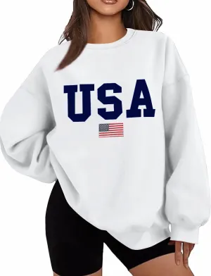 Lacozy Womens USA Graphic Sweatshirts American flag Crewneck Long Sleeve Sweater Loose Fleece Tops Fall Winter Clothes