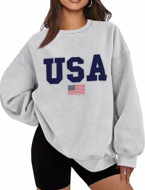Lacozy Womens USA Graphic Sweatshirts American flag Crewneck Long Sleeve Sweater Loose Fleece Tops Fall Winter Clothes