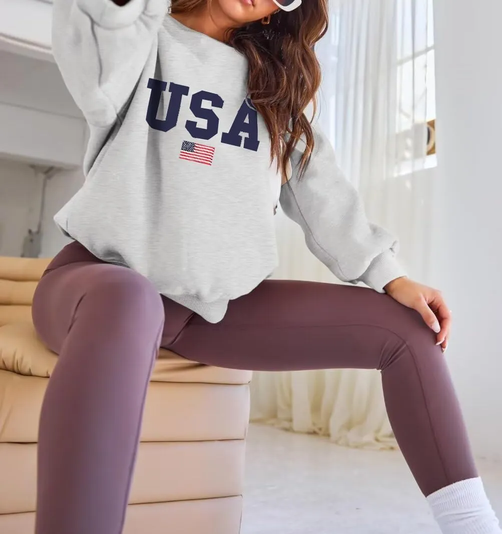 Lacozy Womens USA Graphic Sweatshirts American flag Crewneck Long Sleeve Sweater Loose Fleece Tops Fall Winter Clothes