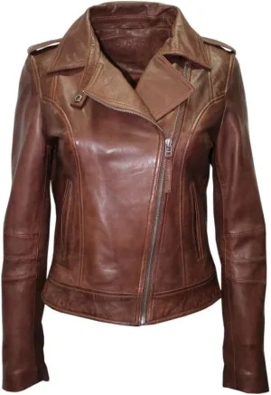 Ladies Brown Casual Retro Brando Soft Nappa Leather Biker Jacket