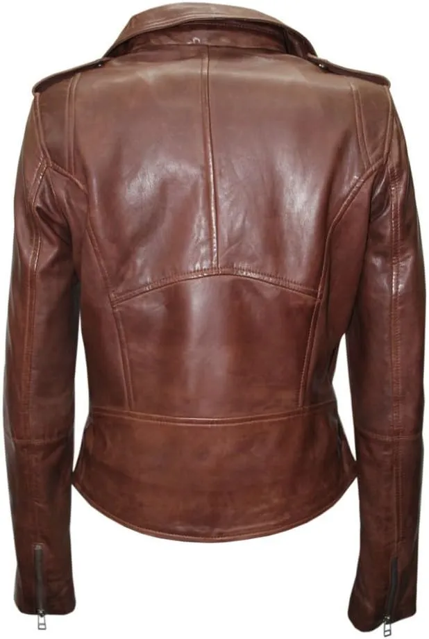 Ladies Brown Casual Retro Brando Soft Nappa Leather Biker Jacket
