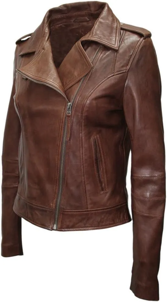 Ladies Brown Casual Retro Brando Soft Nappa Leather Biker Jacket