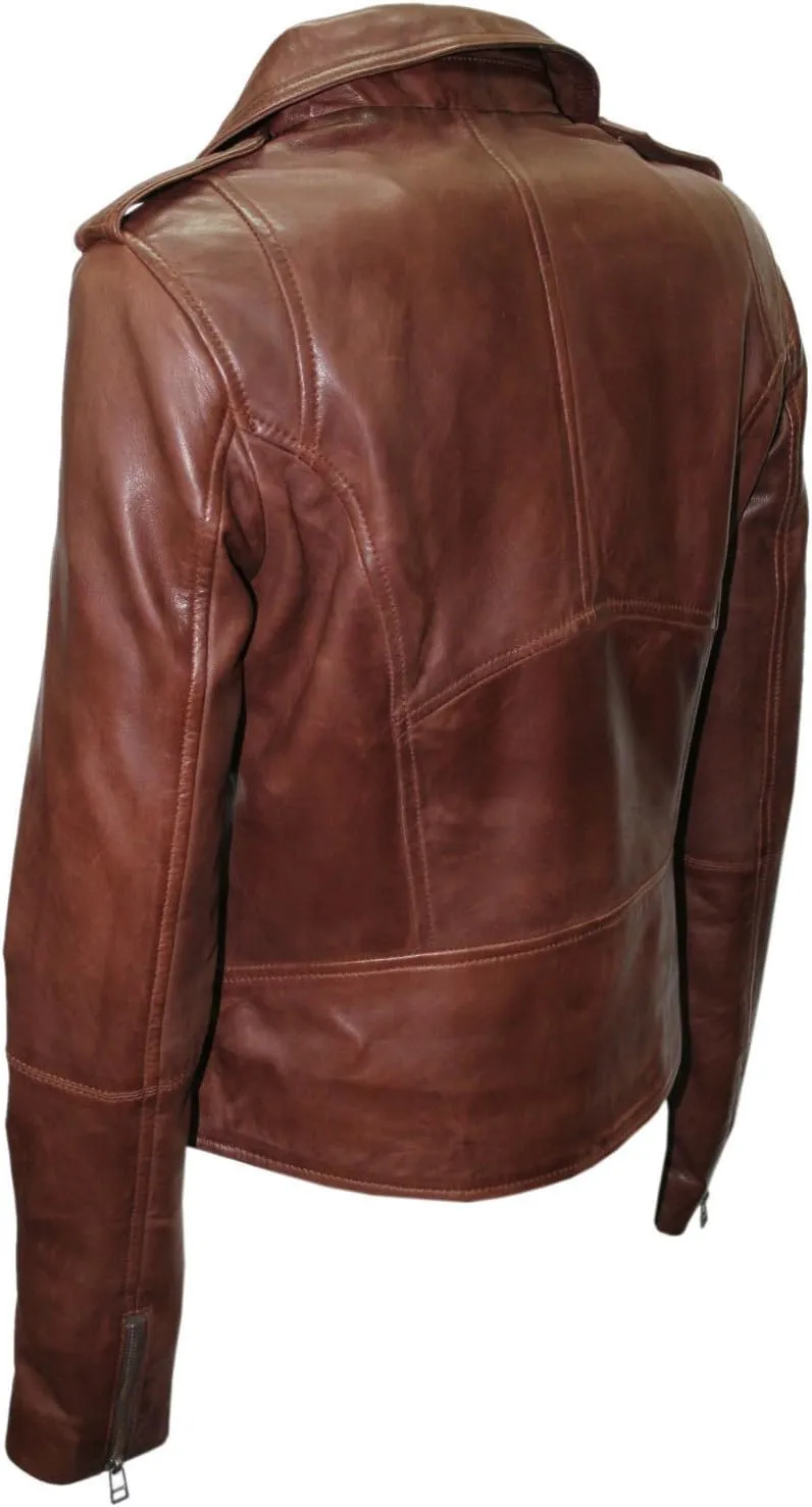 Ladies Brown Casual Retro Brando Soft Nappa Leather Biker Jacket