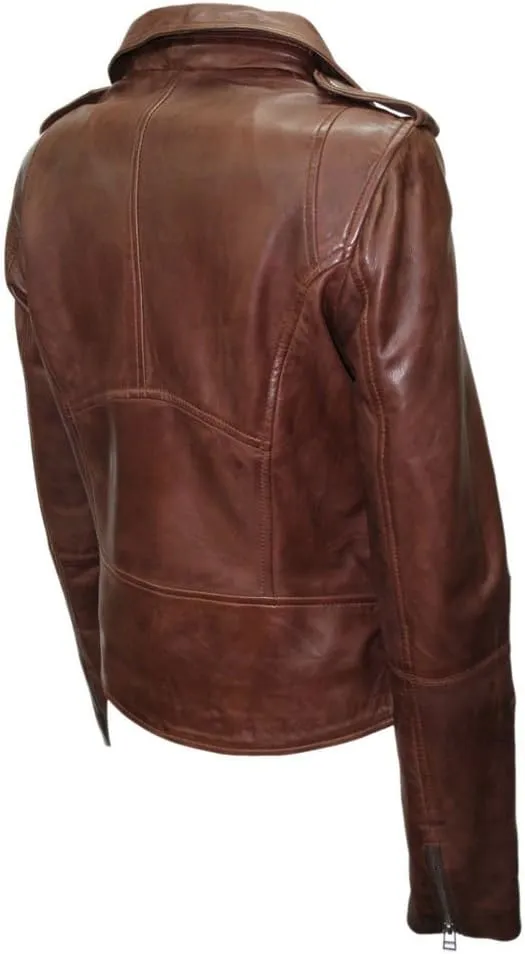 Ladies Brown Casual Retro Brando Soft Nappa Leather Biker Jacket