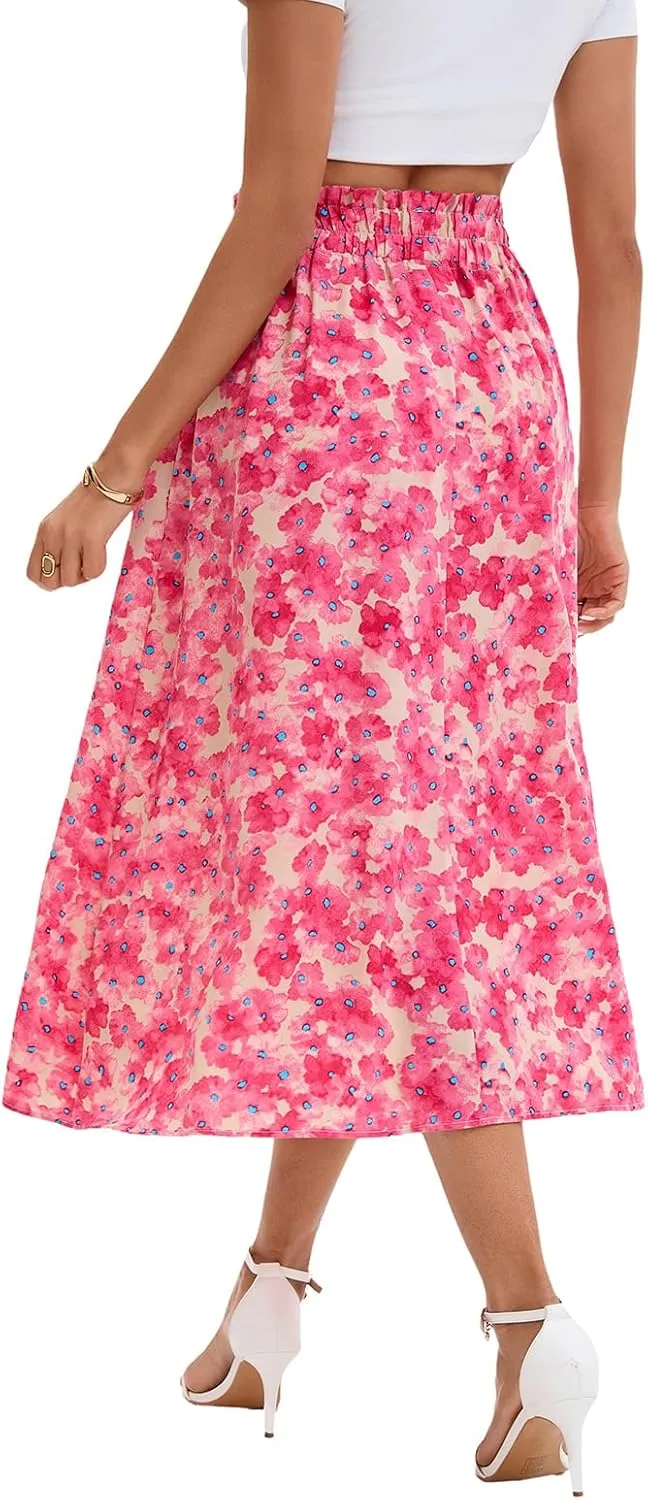 Ladies Printed Elastic Waist Skirt in Spring Summer and Autumn Leisure Long Skirt Pocket Skirt