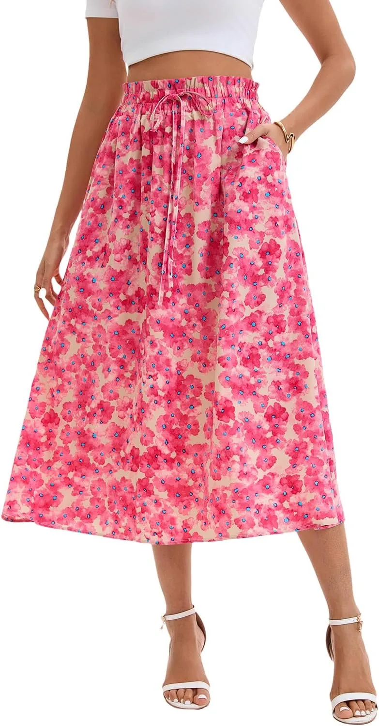 Ladies Printed Elastic Waist Skirt in Spring Summer and Autumn Leisure Long Skirt Pocket Skirt