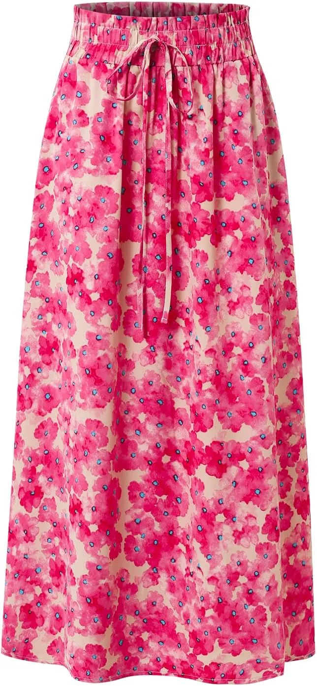 Ladies Printed Elastic Waist Skirt in Spring Summer and Autumn Leisure Long Skirt Pocket Skirt