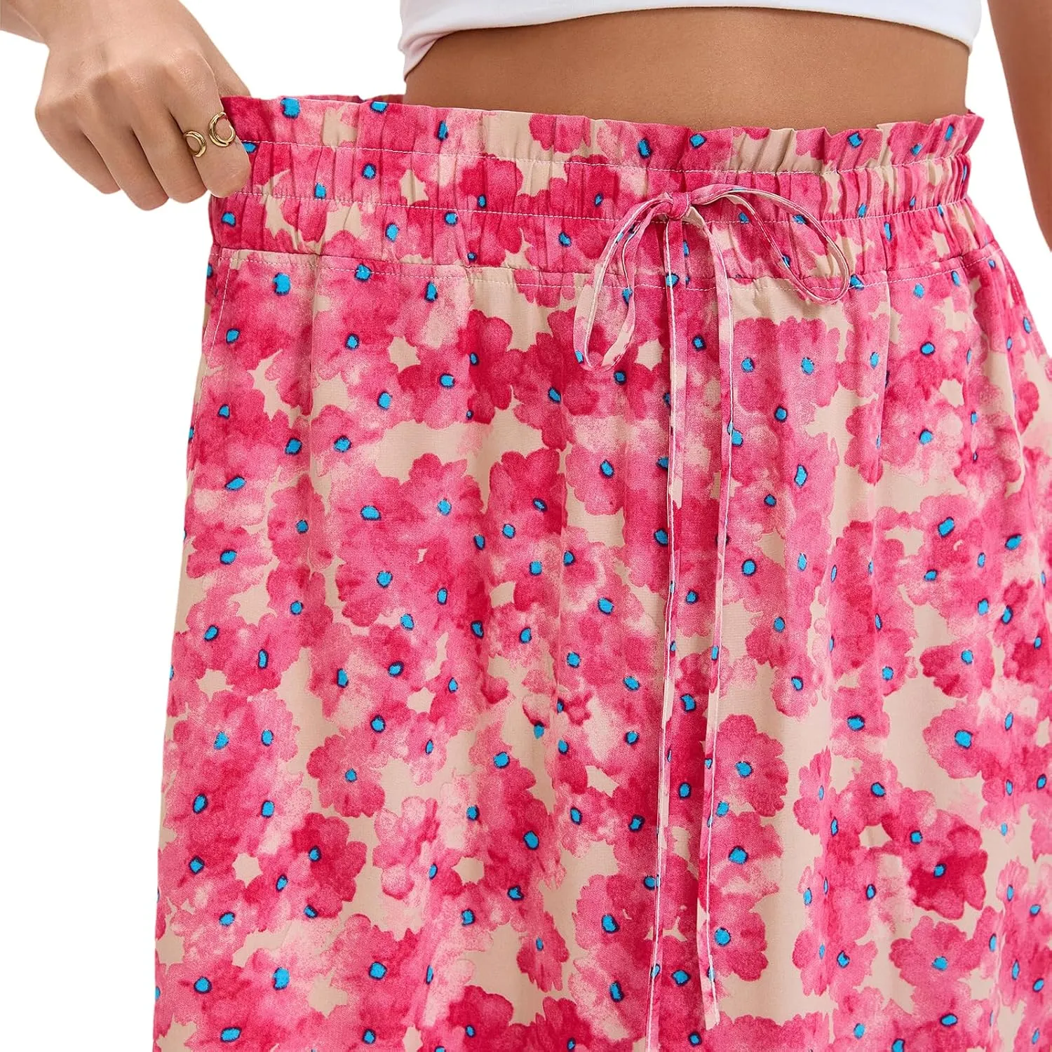 Ladies Printed Elastic Waist Skirt in Spring Summer and Autumn Leisure Long Skirt Pocket Skirt