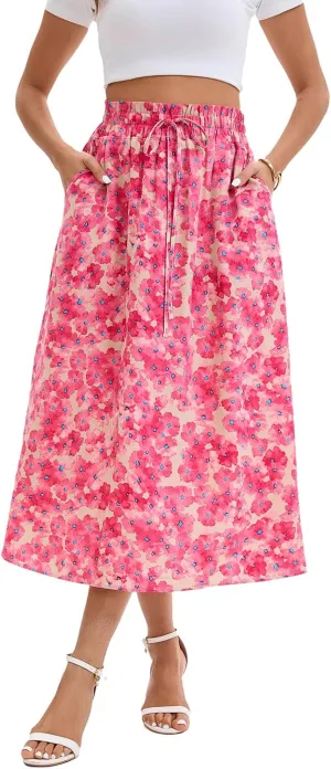 Ladies Printed Elastic Waist Skirt in Spring Summer and Autumn Leisure Long Skirt Pocket Skirt